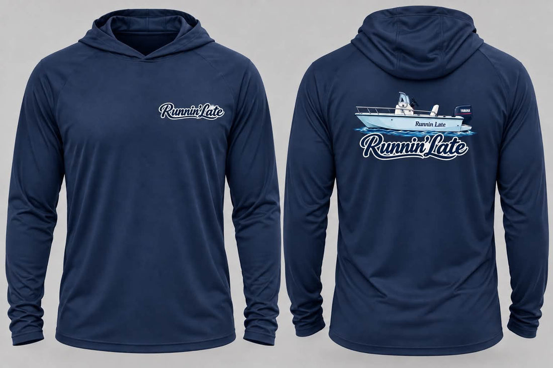 Navy Runnin’ Late custom hoodies with a front chest logo and large boat design on the back